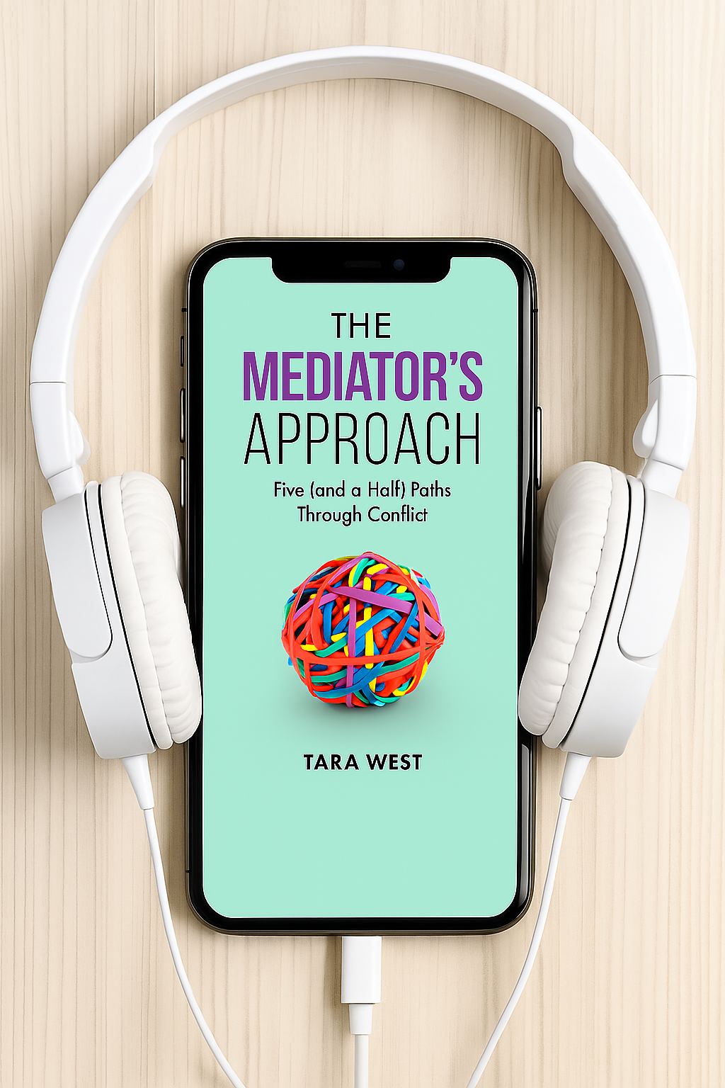The Mediator's Approach audiobook shown on a phone with headphones